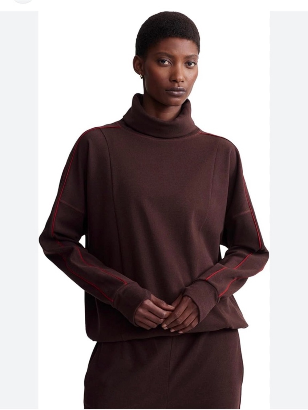 Varley Ariana Brown Cowl Neck Sweater with Red Stitching. EUC